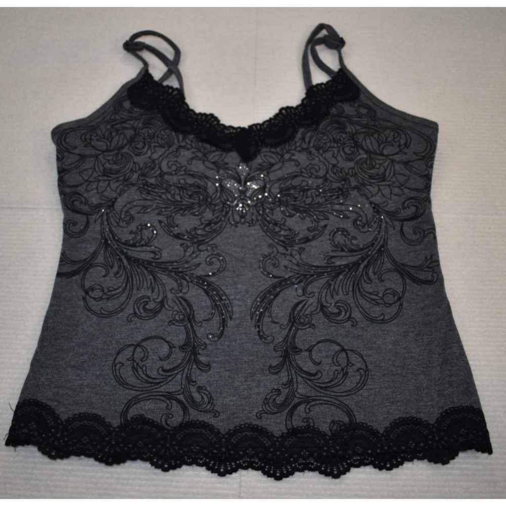 ROMWE Women's Lace Cami Tank Top Gray Black - Size unknown- See measurements
